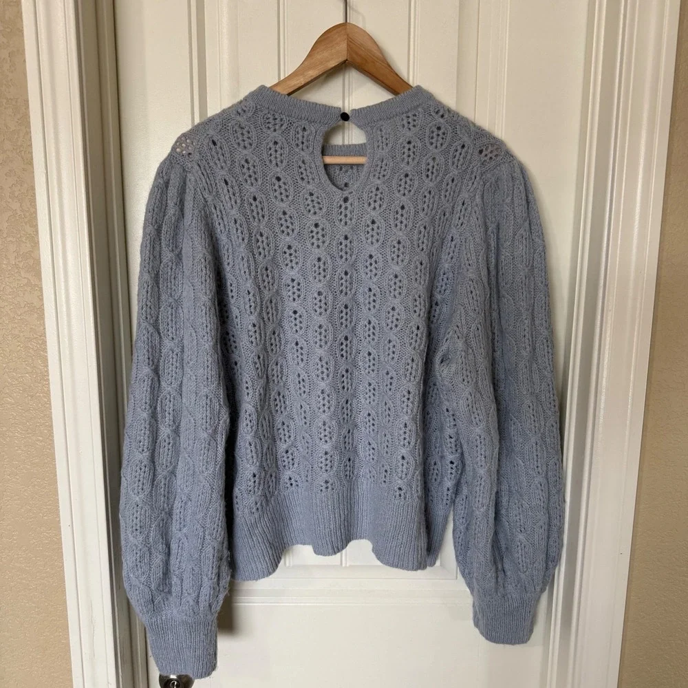 J.Crew Pointelle Puff‎ Sleeve Sweater Womens XXL Blue Euc Alpaca Wool Blend